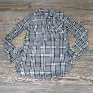 Colorful Plaid Quarter Button Front Long Sleeve Top
